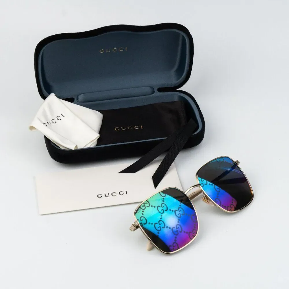Gucci Men Sunglasses Gold Multicolor GG Pattern Mirror Square GG0802S 004